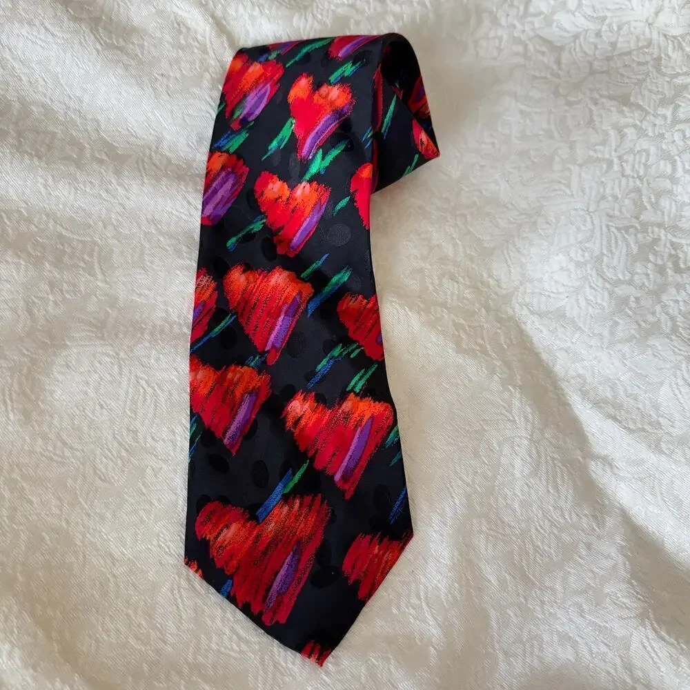 Vintage Addiction Hopeless Romantic Silk Tie Black w/ Red Hearts 1990’s Novelty